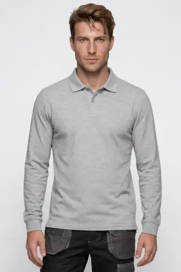 Polo Yaka Uzun Kollu T-Shirt Erkek Gri Melanj